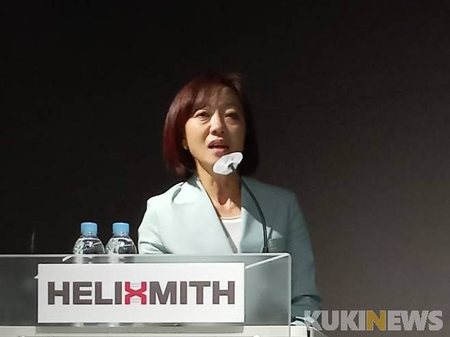 유승신 헬릭스미스 대표가 회사의 주요 사업과 파이프라인을 설명하고 있다. 사진=한성주 기자