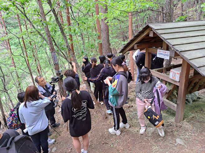 산불예방 캠페인에 참여한 청소년들이 숲 생태계를 배우고 있다. 한국등산·트레킹지원센터 제공