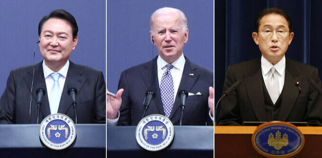 윤석열 대통령(왼쪽부터), 조 바이든 미국 대통령, 기시다 후미오 일본 총리. 연합뉴스