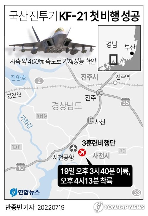 국산전투기 보라매가 19일 실시한 첫 비행시험의 시각 및 위치. 연합뉴스 자료