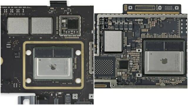 플래시 메모리 2개로 256GB를 구성한 M1 맥북에어(좌) / 플래시 메모리 1개로 256GB를 탑재한 M2 맥북에어(우). (사진=아이픽스잇)