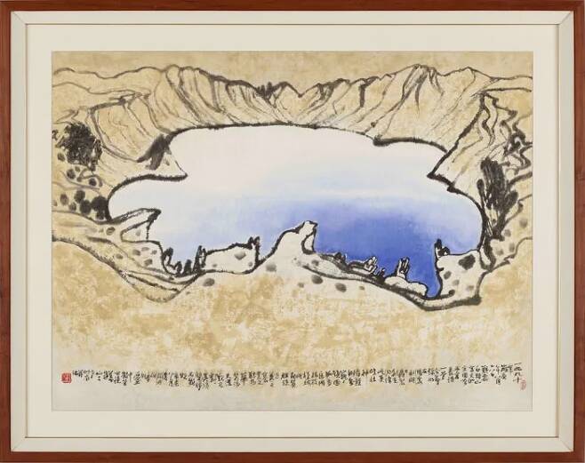 청와대에 걸려 있던 한국화 거장 서세옥 1990년작 ‘백두산 천지도’ (119.8×159.2㎝).