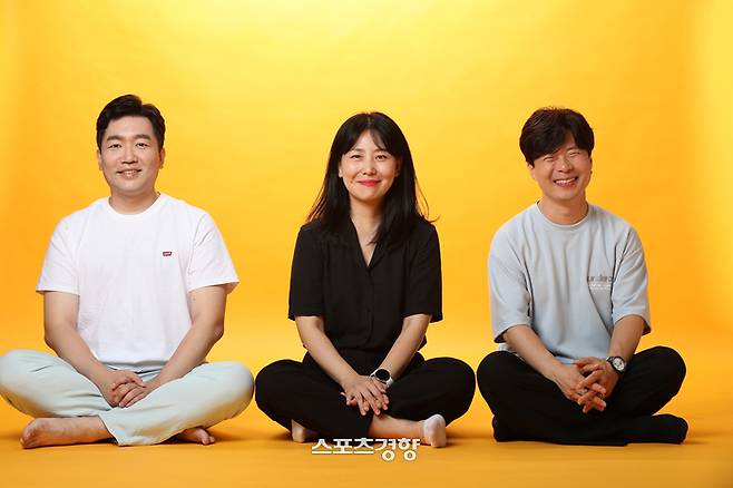 티빙 ‘유미의 세포들 시즌2’에서 유바비, 김유미, 구웅의 사랑세포를 연기한 성우 한신(왼쪽부터), 안소이, 정재헌 | 정지윤 선임기자