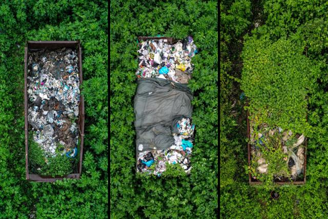 인천 서구 수도권 매립지 인근 쓰레기 무단 투기장의 쓰레기 적재함이 2일 잡풀과 넝쿨에 뒤덮혀 있다.