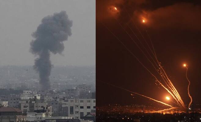 지난 5일 이스라엘의 공습을 받은 가자지구(사진 왼쪽)과 이에 로켓으로 반격하는 팔레스타인 무장단체. 사진=AP 연합뉴스