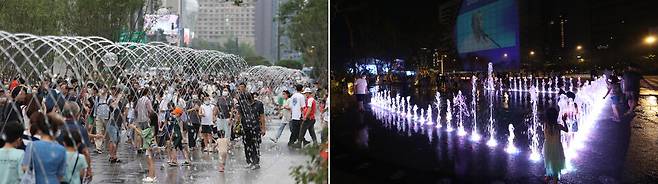 6일 오후 서울 광화문광장 ‘터널분수’(왼쪽 사진)와 ‘한글 분수’에서 시민들이 더위를 식히고 있다. 강창광 선임기자