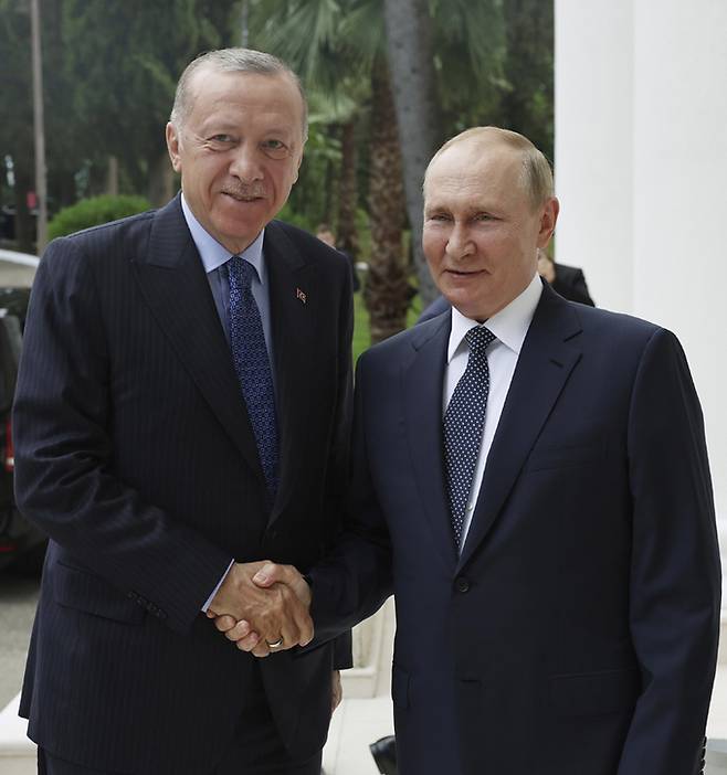 블라디미르 푸틴 러시아 대통령(오른쪽)과 레제프 타이이프 에르도안 튀르키예 대통령이 5일(현지시간) 러시아 소치에서 정상회담을 하기에 앞서 악수하고 있다. 튀르키예 대통령실 제공