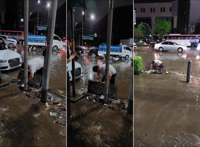 네티즌이 8일 저녁 집중호우 가운데 배수구에 쌓인 쓰레기를 맨손으로 치워 물을 빠지게 한 남성을 목격해 촬영한 사진. 일명 '강남역 슈퍼맨'으로 통하고 있다. 트위터 캡처