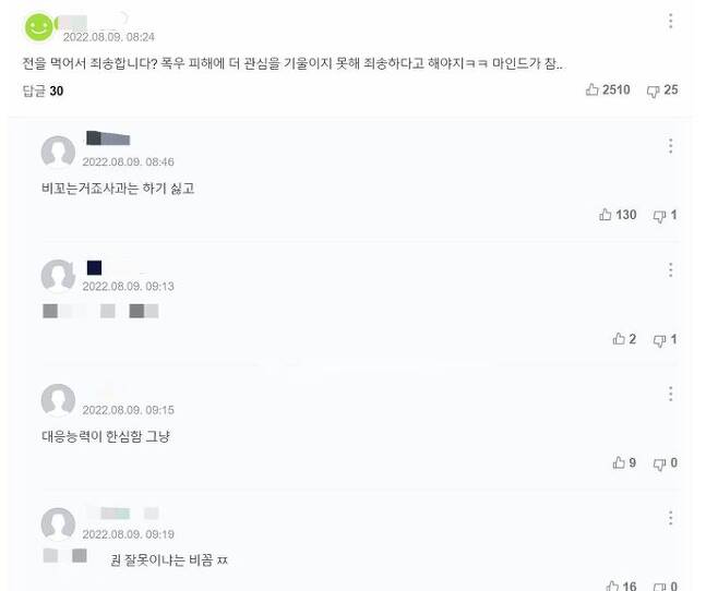 박강수 마포구청장 폭우 속 '먹방 인증샷'과 관련한 기사에 달린 누리꾼들의 댓글. (사진=네이버 기사 댓글란 캡쳐)