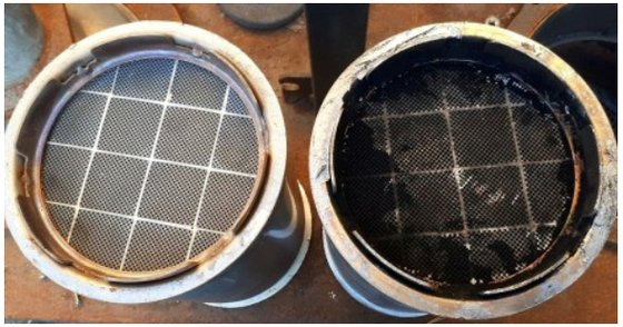 백금 촉매인 벌집 구조 DPF 필터에 오물이 유입된 모습(오른쪽). 사진 자동차10년타기시민연합