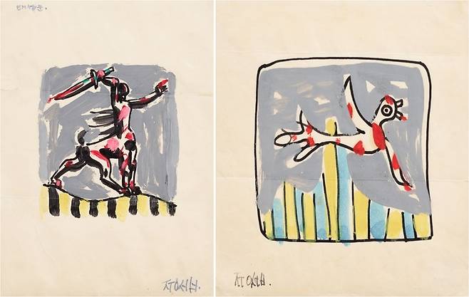 이중섭의 ‘꿈에 본 병사’(1950년대 전반, 종이에 펜, 유채, 29.5×19.5cm, 왼쪽)와 ‘새’(1950년대 전반, 종이에 유채, 22.5×19cm). 국립현대미술관 이건희컬렉션