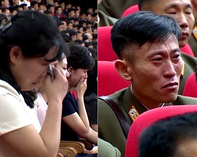 지난 10일 열린 전국비상방역회의 연설에서 김정은 북한 국무위원장의 여동생인 김여정이 "고열을 앓으시면서도 자리에 누우실 수 없었던 원수님"이라는 발언을 하자, 참석자들이 눈물을 흘리는 모습. /로이터 유튜브 영상