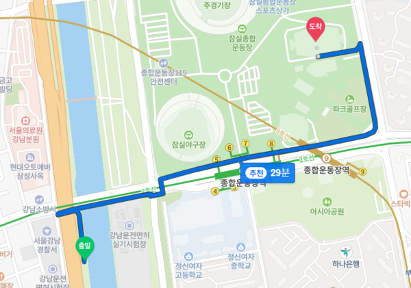 탄천 공영주차장 위치 및 행사장 위치까지의 도보 이동 소요 시간 - 자료 출처 : 네이버 지도