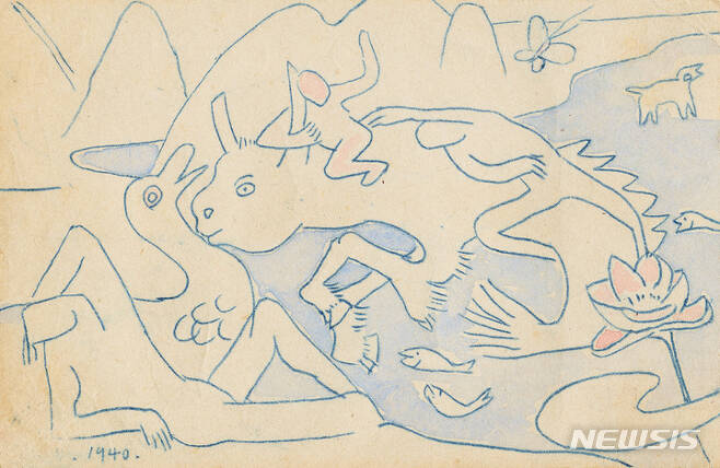 [서울=뉴시스]〈상상의 동물과 사람들〉, 1940, 종이에 먹지그림, 채색, 9×14cm. 국립현대미술관 이건희컬렉션.