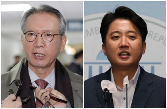 김형오(왼쪽) 전 국회의장과 이준석 국민의힘 대표. <연합뉴스>