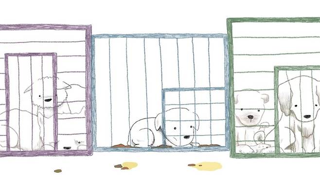 동물권행동 카라가 14일 ‘그만먹개 2022 캠페인’으로 박새연 애니메이션 감독의 작품 ‘뜬장’을 공개했다. 카라 제공