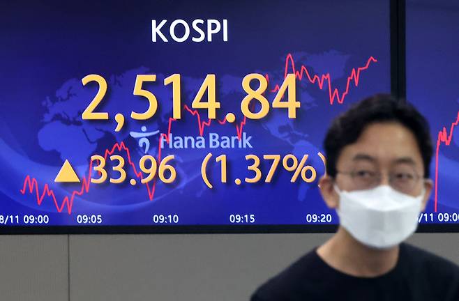 코스피가 전날보다 26.86포인트(1.08%) 오른 2507.74로 시작한 11일 오전 서울 중구 하나은행 본점 딜링룸에서 딜러들이 업무를 보고 있다.