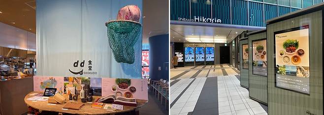 일본 도쿄 시부야 히카리에 쇼핑몰 입구에서 d47식당의 제주 향토 정식(오른쪽)과 식당 입구에서 전시되고 있는 제주도 책자 및 홍보물. 제주관광공사 제공