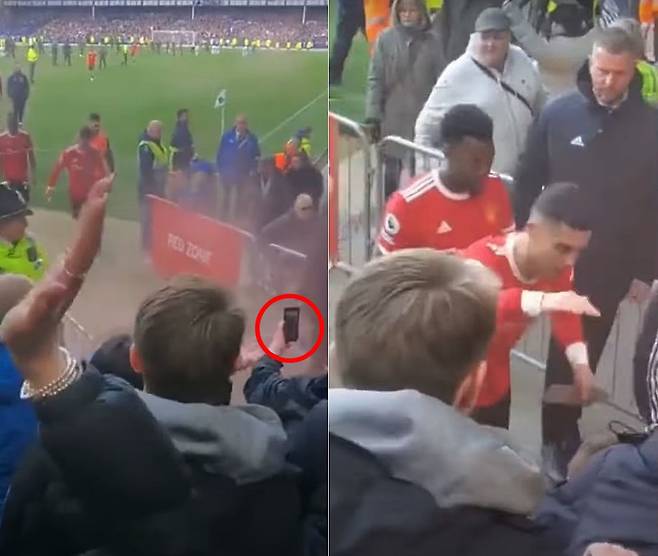 호날두가 어린 팬의 손을 내려쳐 들고 있던 휴대전화(왼쪽 사진 빨간 원)를 떨어뜨리게 하는 모습. /트위터