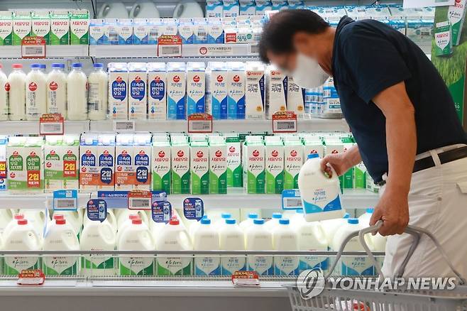 서울우유, 원유 구매가 올리나 (서울=연합뉴스) 진연수 기자 = 18일 서울 시내 한 대형마트에서 시민이 우유를 구매하고 있다. 농림축산식품부는 원유 구매 가격을 사실상 기습 인상한 서울우유에 대해 "정부가 도입을 추진하는 용도별 차등가격제를 서울우유에 강제로 적용하진 않을 것"이라고 밝혔다. 2022.8.18 jin90@yna.co.kr