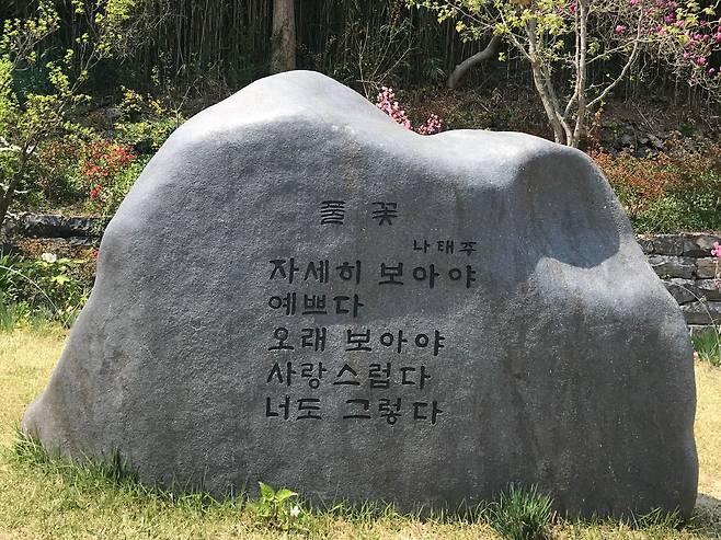 나태주에게 풀꽃 시인이라는 타이틀을 안겨 준 '풀꽃'의 시비. 읽을 때마다 새롭다.