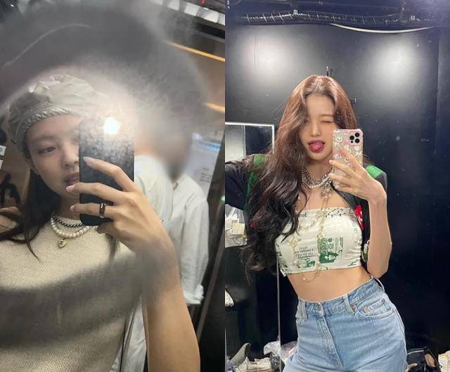 그룹 블랙핑크 제니와 아이브 장원영(오른쪽)이 각기 다른 진주 목걸이 스타일링으로 센스 있는 룩을 완성했다. 제니 장원영 SNS
