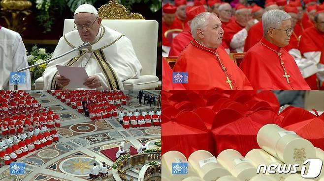 현지 시각으로 27일 바티칸의 성 베드로 대성전에서 열린 서임식이 열렸다. 유흥식 라자로(70) 교황청 성직자부 장관은 한국천주교 역사상 네번째로 추기경의 상징인 빨간색 사제 각모(비레타)를 썼다.(로마교황청 유투브 갈무리) ⓒ Dicasterium pro Communicatione
