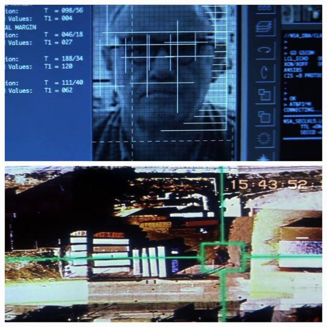 영화 '에너미 오브 스테이트'에 등장하는 얼굴인식 기술(위)과 재식별 기술(아래). 브에나비스타픽처스 제공