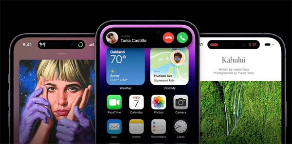 아이폰14 프로 상단의 카메라가 있는 펀치홀 주변이 `다이내믹 아일랜드` 공간으로 바뀌었다. 통화하거나 음악이 나올 때면 알약 모양으로 꿈틀대며 표시해준다.