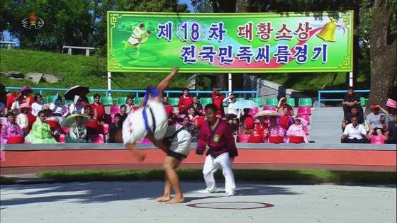 북한 조선중앙TV가 3년 만에 방영 재개한 대황소상 씨름대회 장면. 연합뉴스