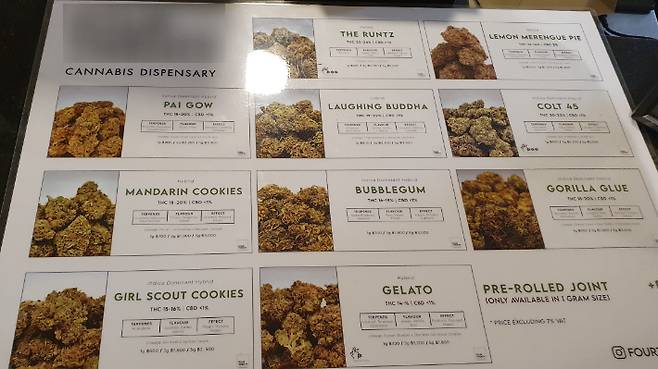 태국 대마 판매점 메뉴판. 환각물질인 THC 함량이 10~20%대다. 독자 제공