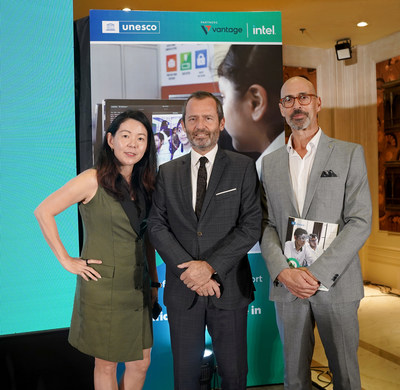 [L-R]Yen Sim, Global Branding and Communications Director, Vantage, Eric Falt, Director and UNESCO Representative for the UNESCO New Delhi Office, and Marc Despallieres, Chief Strategy & Trading Officer, Vantage. (PRNewsfoto/Vantage)