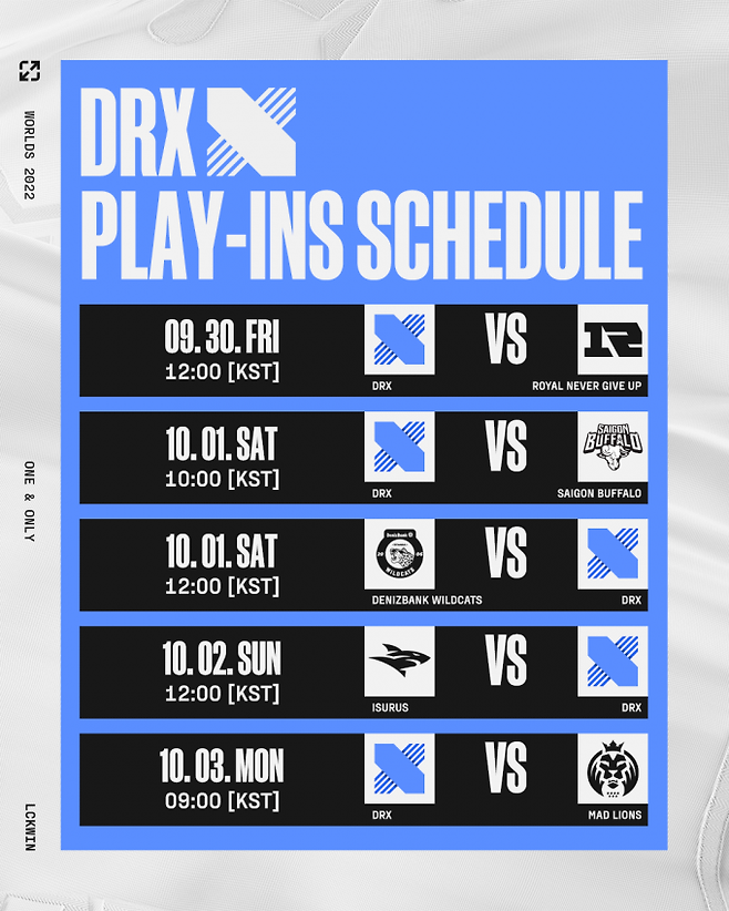 DRX는 한국시간으로 9월 30일 오전 12시에 중국의 RNG와 맞붙는다.   라이엇 게임즈