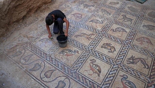 팔레스타인 가자지구의 한 올리브 농장 바닥에서 발견된 5~7세기 동로마제국 모자이크 장식. 흙을 걷어내자 모습을 드러냈다. 가자=AFP연합