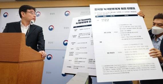 조현수 환경부 녹색전환정책과장이 20일 오전 세종시 정부세종청사에서 원자력 발전을 한국형 녹색분류 체계에 포함하기 위한 초안을 발표하고 있다. /연합뉴스