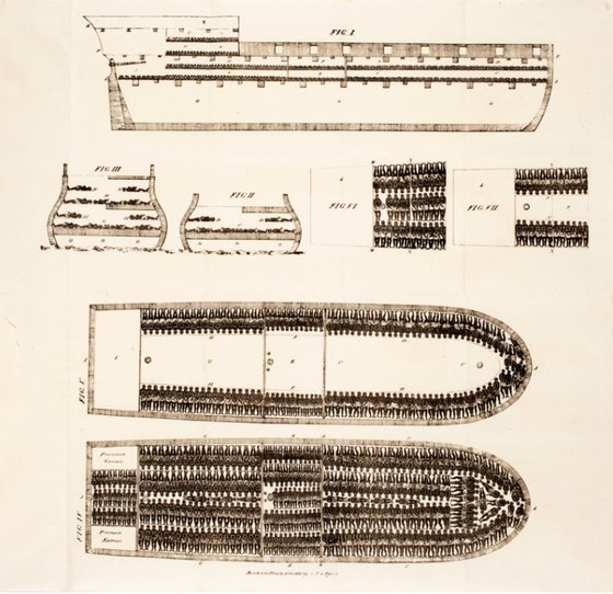 노예선의 표준 구조. 1781년에는 노예 442명을 꽉꽉 눌러 실은 영국 배가 항로 착오로 식수 부족이 닥쳤을 때 노예 142명을 바다에 던져버리는 일도 있었다. 노예무역 금지를 앞당긴 사건이었다. [사진 위키피디아]