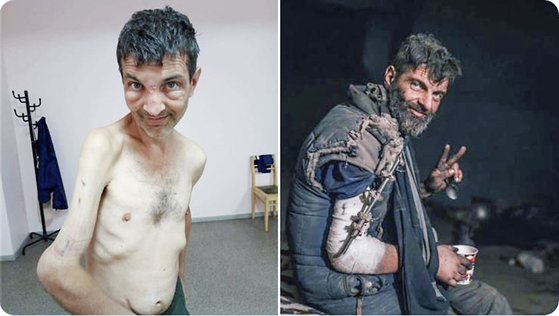 우크라이나 병사 미하일로 디아노프가 러시아 포로로 붙잡히기 전후 모습. 사진 우크라이나 국방부 트위터