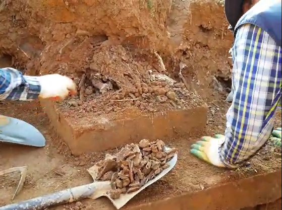 2019년 12월 19일 옛 광주교도소 내 무연고 묘지에서 작업자들이 유골을 수습 중인 모습. 뉴스1