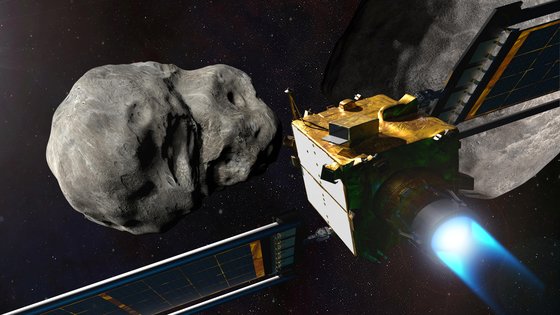 나사가 공개한 다트 우주선이 소행성과 충돌하기 직전 시뮬레이션 장면. 로이터=연합뉴스