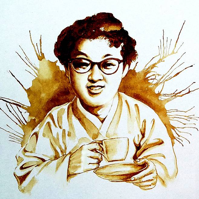 ‘한국 최초의 다방 레지’라고 잘못 알려진 박마리아를 그린 유사랑 화백의 커피 그림.