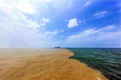 The natural wonder of the Yellow River entering East China Sea