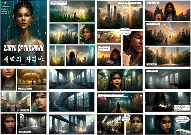미국 뉴욕에서 프로그래머 겸 작가로 활동 중인 크리스 카시타노바가 인공지능(AI)인 ‘미드저니’를 활용해 공상과학(SF) 장르 만화로 선보인 ‘새벽의 자리야’ 한국어 버전. 미 저작권청은 이 작품에 대한 저작권을 AI가 아닌 작가인 카시타노바에게 부여했다. 카시타노바 인스타그램 캡처