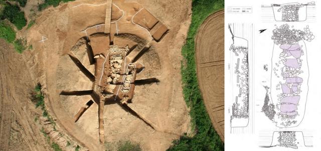공중에서 본 두락리 32호분 발굴조사 현장(왼쪽)과 실측 도면. 길이 7.3미터 수혈식석곽과 개석으로 구성됐다. 국립완주문화재연구소