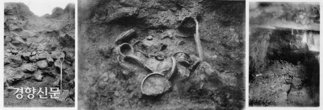 보문동 합장분의 발굴 당시 사진. 순금제 굵은 고리 귀고리 등 다양한 유물이 쏟아져 나왔다.