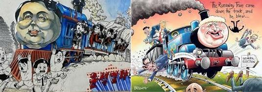 윤석열차'(왼쪽)와 국민의힘 쪽에서 원본이라고 주장하는 2019년 스티브 브라이트의 영국 '선' 만평.
