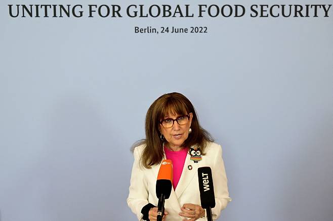 리베카 그린스펀 UNCTAD 사무총장이 지난 7월 독일 베를린에서 열린 세계 식량 위기 컨퍼런스에서 발언하고 있다. /로이터