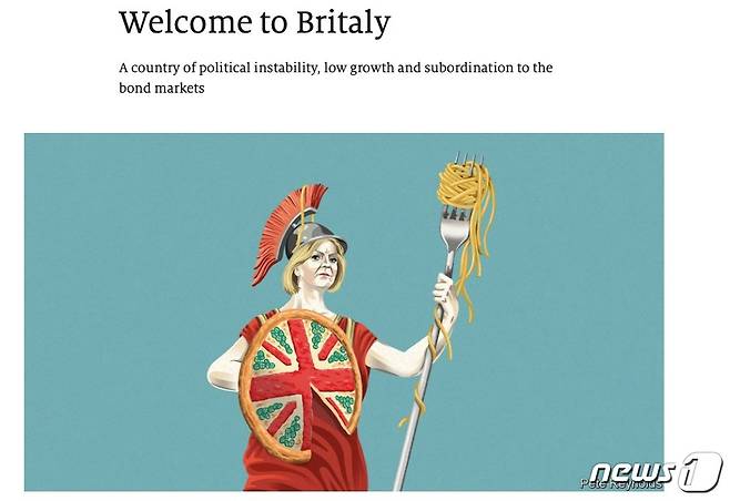 영국 이코노미스트지의 최신판 표지. 해당 기사는 리즈 트러스 영국. 총리의 사임으로 정치·경제·사회 등 다방면에서 영국이 이탈리아와 같은 유럽 남부 국가처럼 되고 있다고 지적했다. (이코노미스트 홈페이지 갈무리).