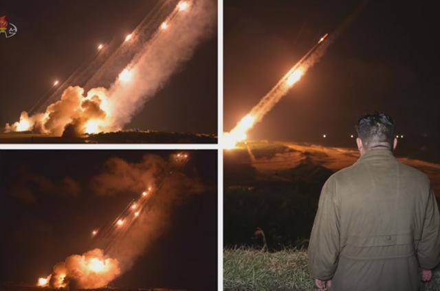 김정은(오른쪽 사진) 북한 국무위원장이 지난달 25일부터 이달 9일 사이에 열린 조선인민군 전선장거리포병구분대들과 공군 비행대들 야간화력 타격 훈련을 지켜보고 있다. 평양=조선중앙TV 뉴시스