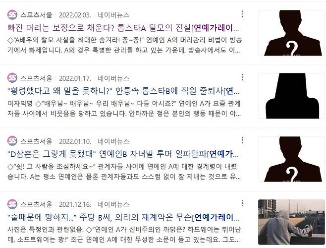 ▲스포츠서울의 연예인 이니셜 보도 코너인 '연예가 레이더'. 사진출처=네이버 뉴스.