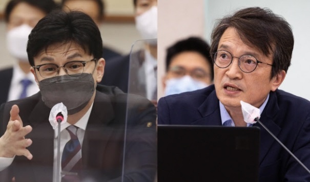 한동훈 법무부 장관(왼쪽)과 김의겸 더불어민주당 의원. 국회사진기자단·뉴스1